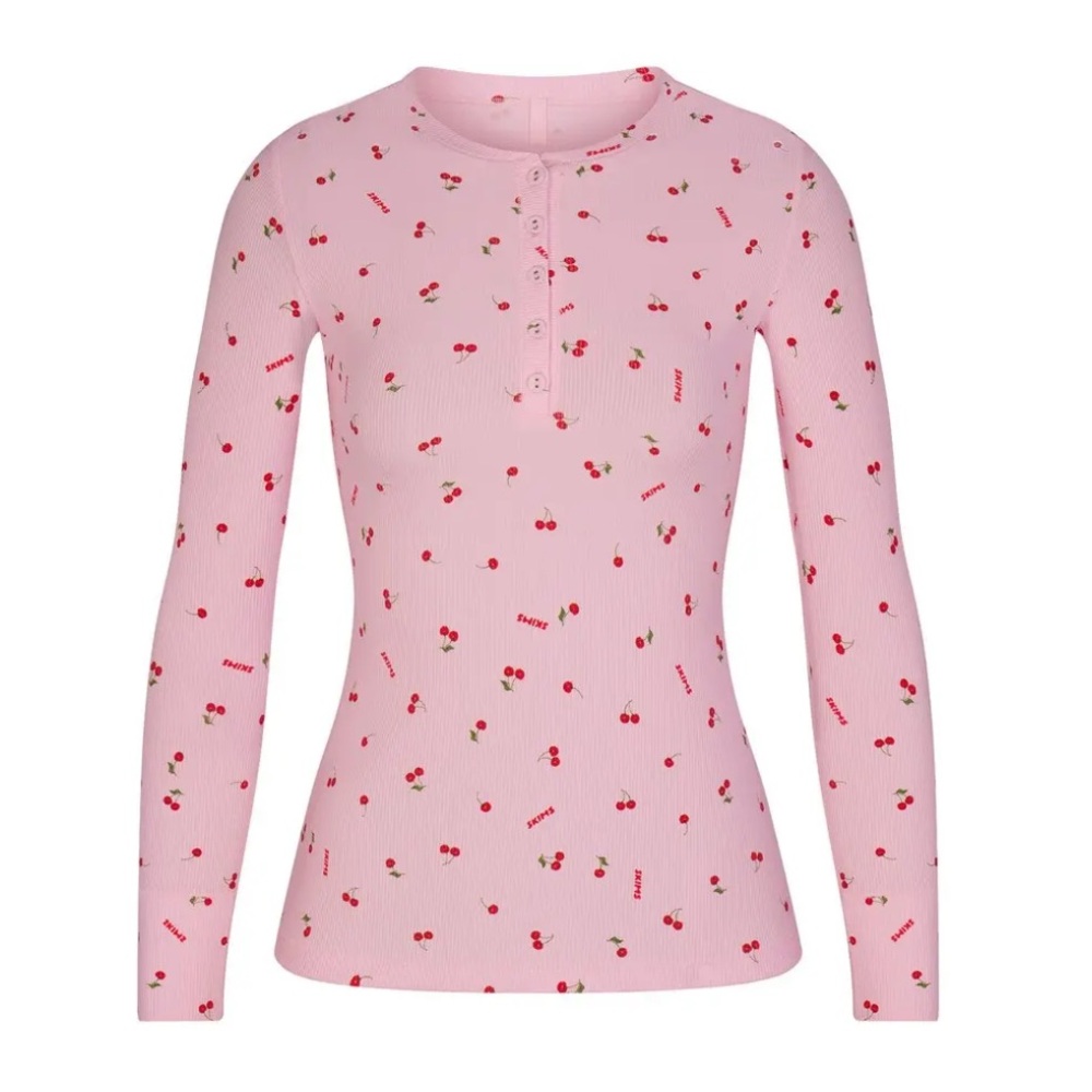 skims Soft Lounge Long Sleeve Henley - Cherry Blossom Print SMALL